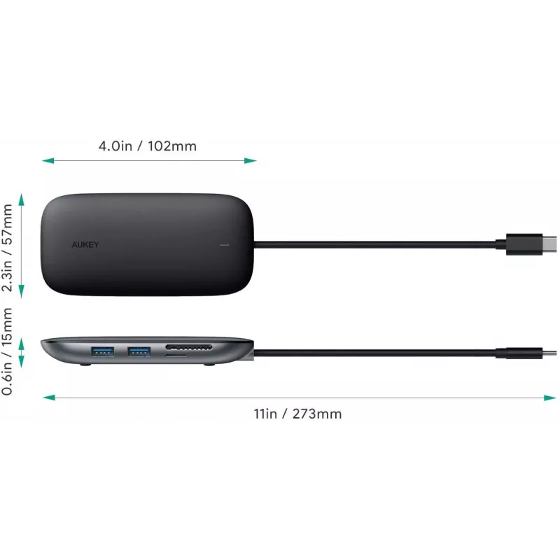 AUKEY CB-C71 hub USB-C 8 em 1, 3x USB-A 3.0, HDMI 4K@30Hz, Gigabit RJ45, SD/microSD, USB-C PD 100 W, cabo de 0,15 m, alumínio, preto
