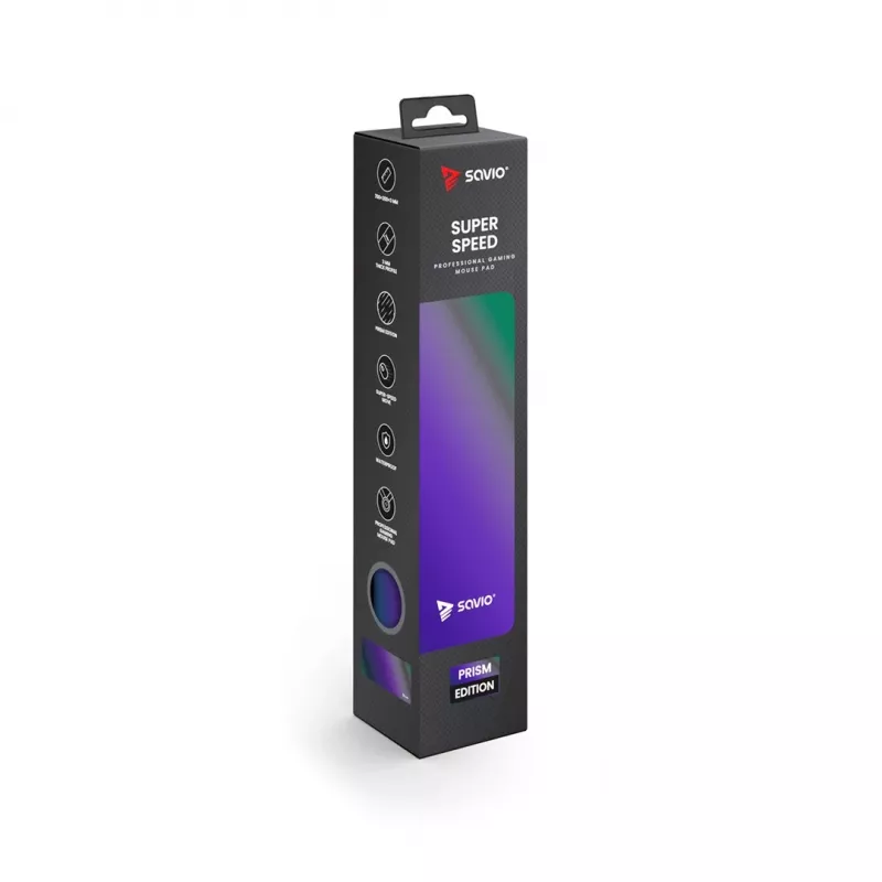 Tapete de rato gaming SAVIO Super Speed L Prism Edition — 700×300×3 mm, roxo, bordas costuradas, base antiderrapante