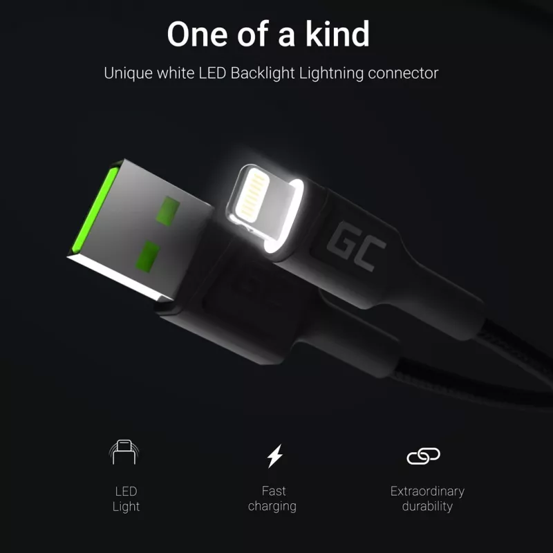 Cabo Lightning para USB-A Green Cell KABGC12, 2 m, Lightning – USB A, preto