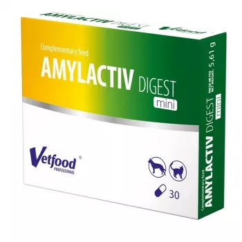 Enzimas digestivas Vetfood AMYLACTIV DIGEST MINI – suplemento alimentar, 30 cápsulas para gatos e cães