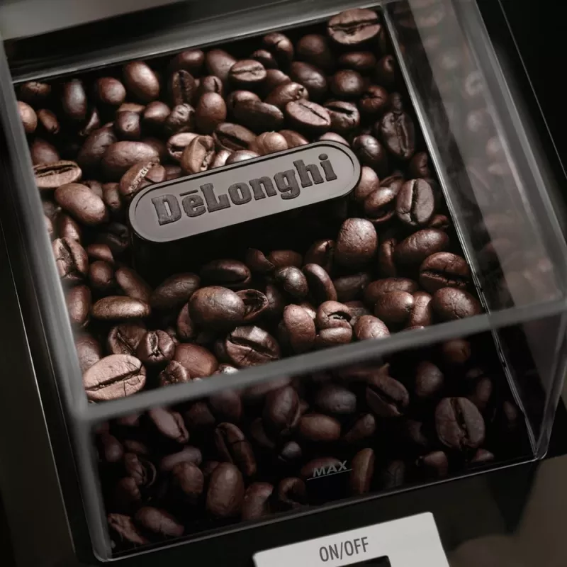 Moinho de café De’Longhi KG89 — capacidade para 120 g de grãos, 110 W, 12 chávenas, caixa de aço inoxidável e plástico