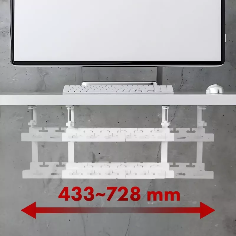 Gestor de cabos sob a secretária MACLEAN MC-102W – suporte em aço para montagem sob a secretária, comprimento ajustável, compatível com tampos de 0,5–5 cm, carga 5 kg, branco