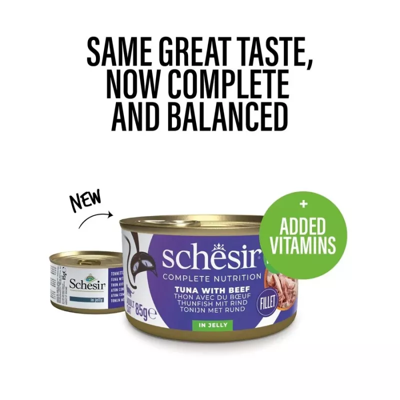 SCHESIR Atum com Vaca em Gelatina - Alimento húmido para gatos - 85 g