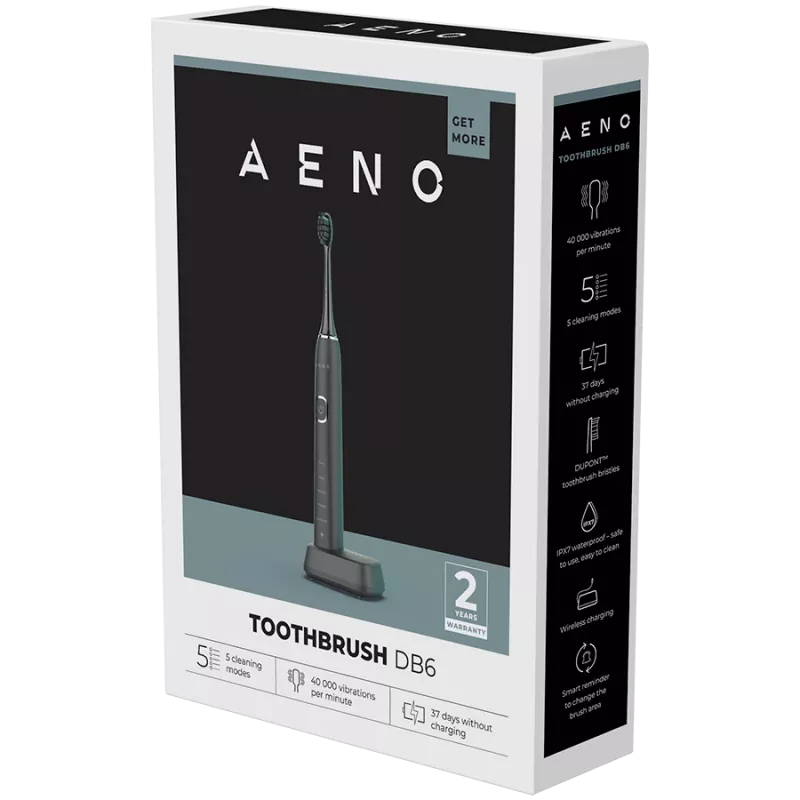 Escova de dentes elétrica sónica AENO Sonic DB6: preto, 5 modos, carregamento sem fios, 46000 rpm, 40 dias sem carregar, IPX7
