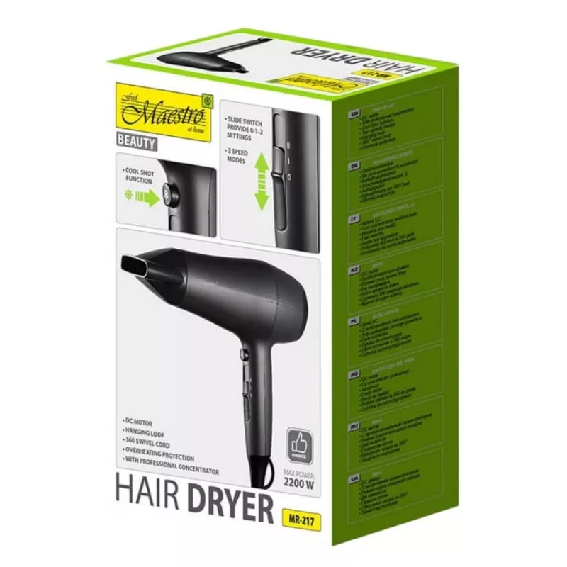 Secador de cabelo Maestro MR-217 2200 W, motor DC, 2 velocidades, função ar frio, bico de modelagem, preto-grafite