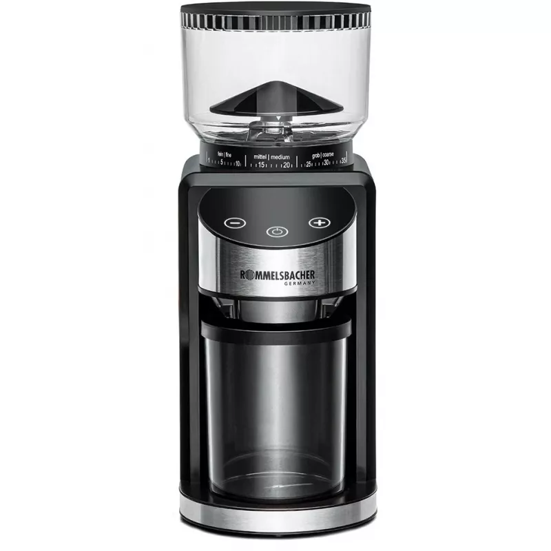 Moinho de café com mós cónicas Rommelsbacher EKM 400 — mós cónicas em aço inoxidável, 35 graus de moagem, 12 doses, recipiente de 130 g