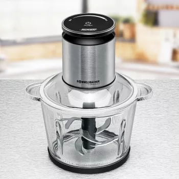 Picadora elétrica Rommelsbacher MZ 800, 800 W, taça de vidro de 2,7 L, 9 lâminas de aço inoxidável, regulação de 22 velocidades, preto aço inoxidável