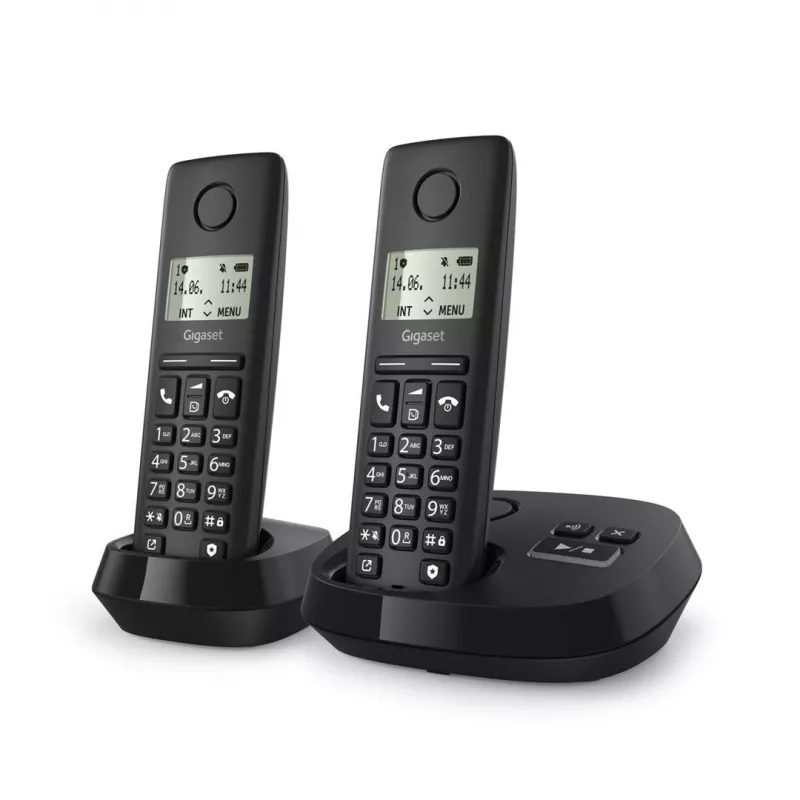 Telefone sem fios analógico/DECT Gigaset PURE 100A Duo — 2 auscultadores, alta-voz, identificação de chamadas, ecrã de 1,5 polegadas, preto