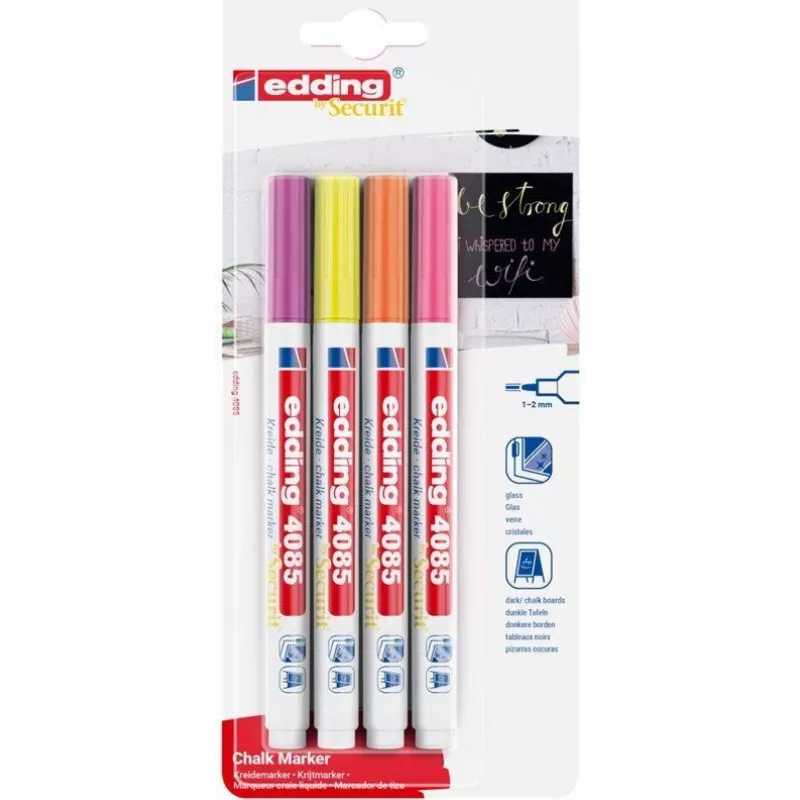 Marcador Edding 4085/4N — marcador de giz 1–2 mm, néon, conjunto de 4