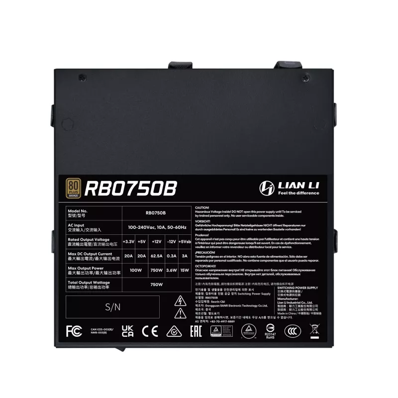 Fonte de alimentação Lian Li RB0750B.B 750 W ATX 24 pinos, 80 PLUS Bronze, ventoinha de 135 mm, preto