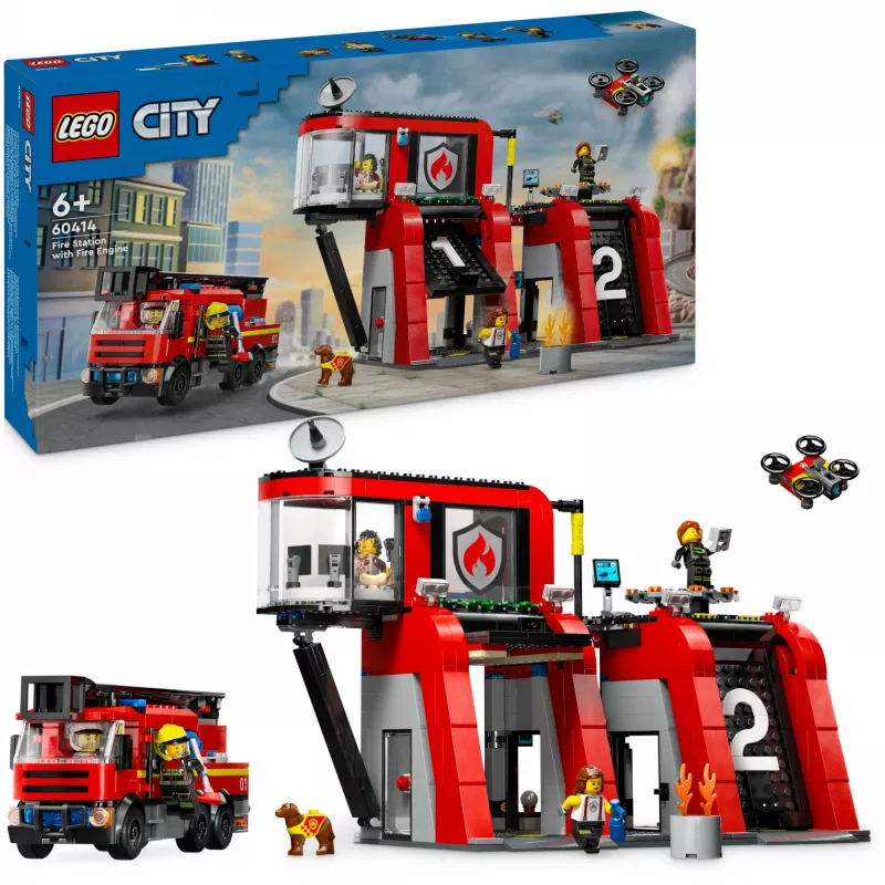 Brinquedo de construção LEGO City Quartel dos Bombeiros com veículo de escada giratória 60414 — 843 peças, 5 minifiguras, 220×320×140 mm