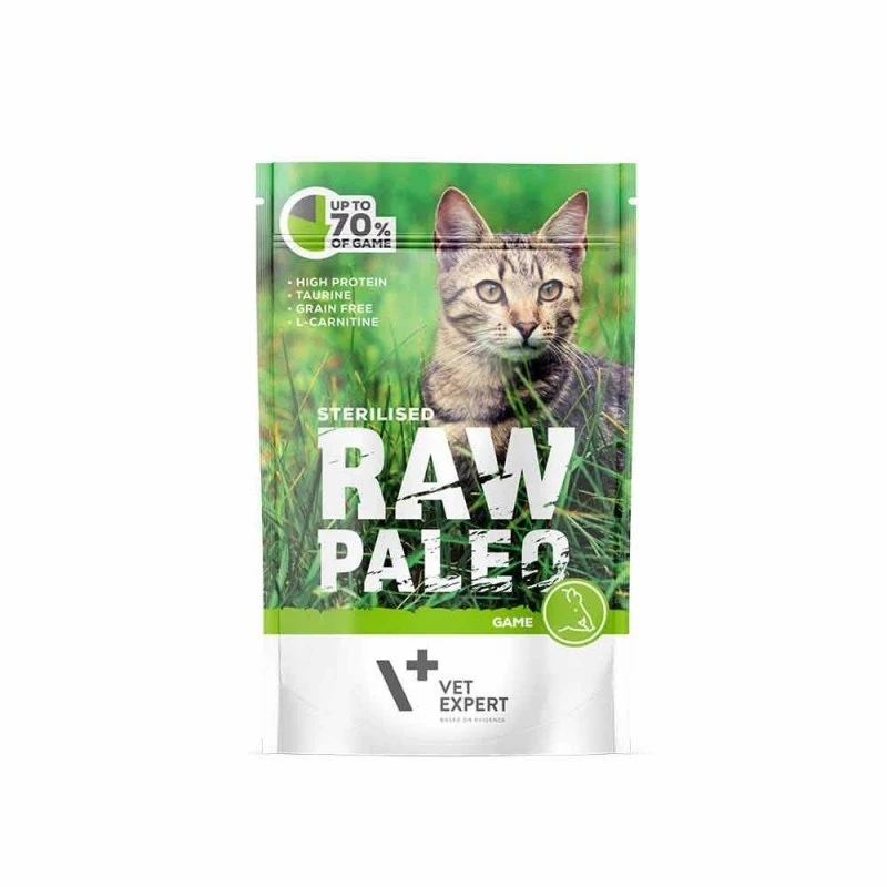 Comida húmida para gatos VETEXPERT RAW PALEO Adult Sterilised caça 100 g — caça, sem cereais, para tendência a excesso de peso