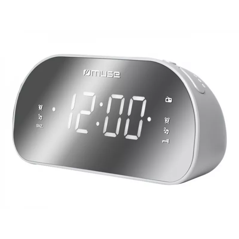 Rádio-relógio Muse M-170CMR — rádio-relógio digital, ecrã LED de 1,2 polegadas, FM, AC 230V, backup AAA, espelho/branco