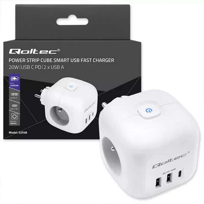 Régua de tomadas QOLTEC 52548 com 3 tomadas AC e porta USB