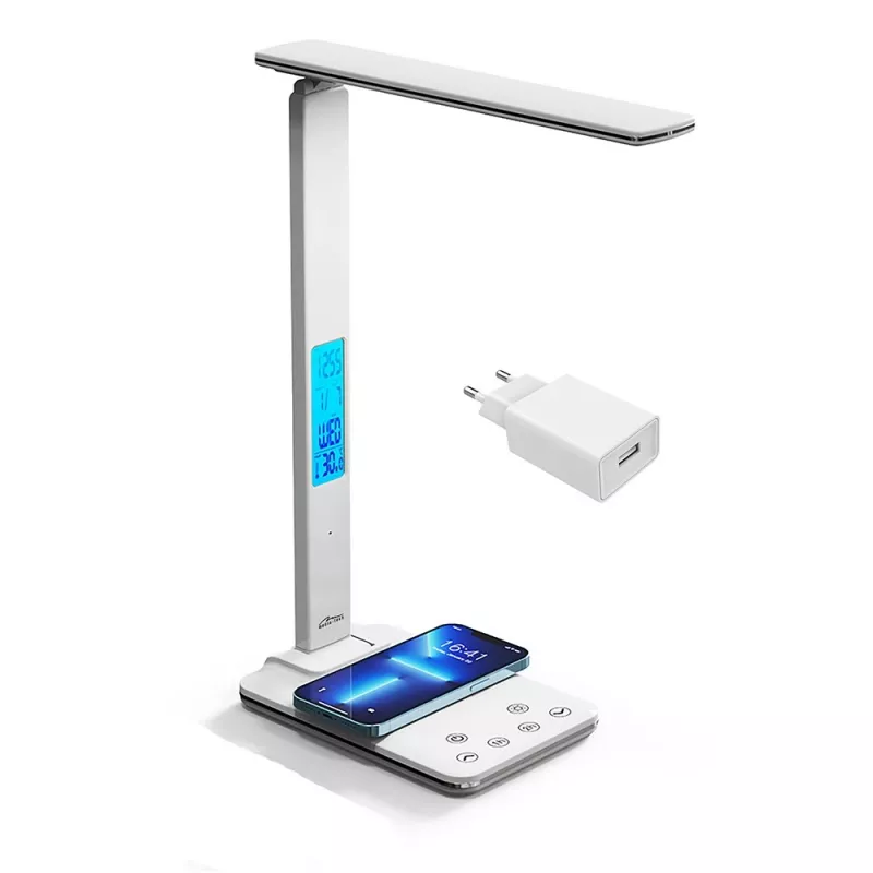 Media-Tech MT222 Leditou candeeiro de secretária LED com carregador sem fios Qi de 15 W, relógio, despertador, termómetro, branco