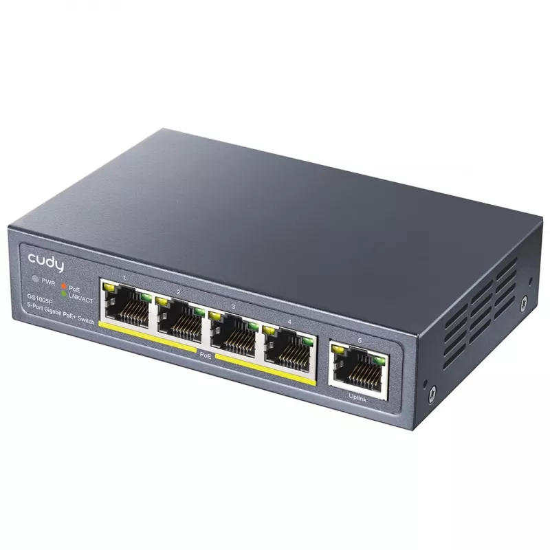 Switch de rede Cudy GS1005P — 5 portas Gigabit Ethernet com 4 portas PoE, 60 W de potência total, caixa metálica, montável em rack