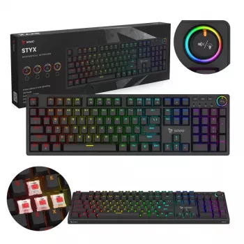 Teclado gaming mecânico SAVIO STYX Outemu Red — Full-Size 104 teclas USB com fio, RGB, ANSI US International, 1,5 m, preto