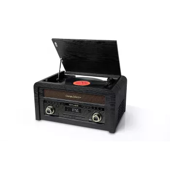 Gira-discos muse MT-115 W — preto/dourado, 33-45-78 rpm, braço de leitura em J, botão de volume, 240V AC