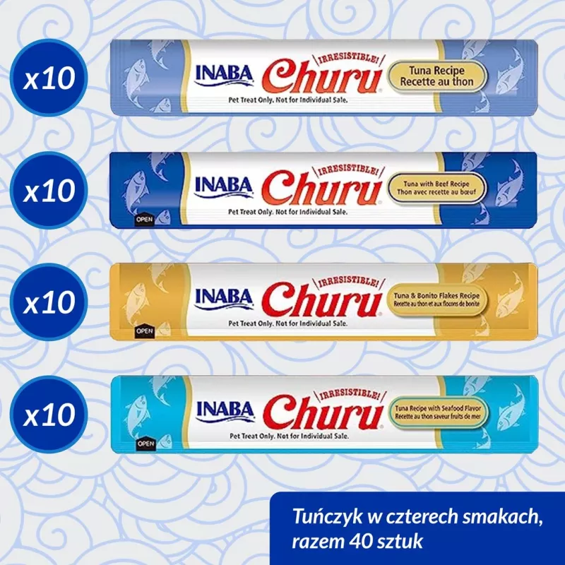 Snacks húmidos para gatos INABA Churu caixa sortida de atum com marisco — 40 x 14 g saquetas de pasta, sem cereais, sem açúcar