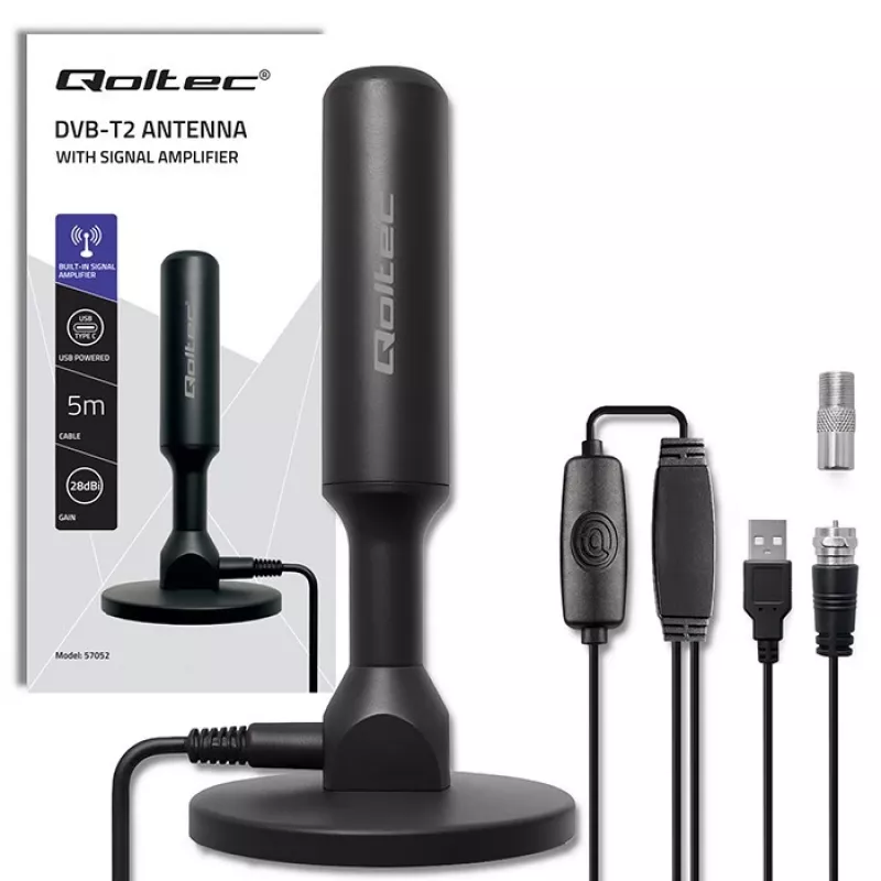 Antena de TV QOLTEC DVB-T2 28 dBi com amplificador de sinal, receção interior/exterior