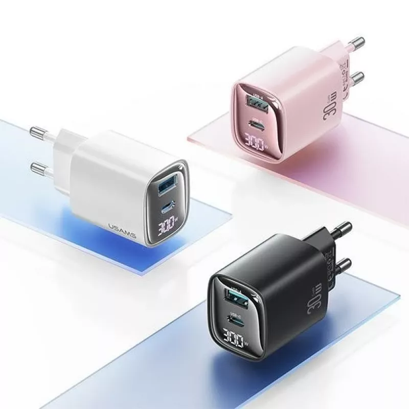 Carregador rápido GaN 30W USB e USB-C usams CC229 Branco — indicador LED, design compacto