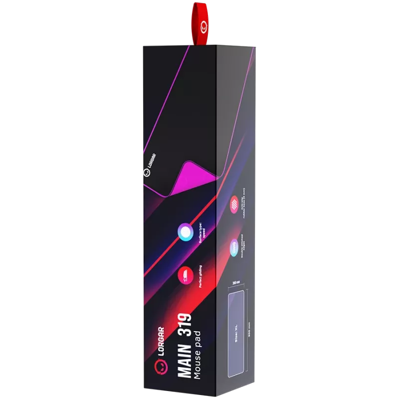 Lorgar Main 319, tapete de rato gaming, superfície de alta velocidade, base de borracha antiderrapante roxa, tamanho: 900 mm x 360 mm x 3 mm, peso 0,6 kg
