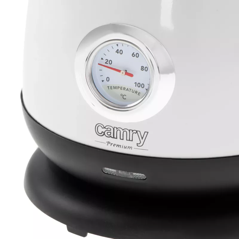Chaleira Camry CR 1344 — 1,7 l, 2200 W, aço inoxidável, termómetro integrado, base 360°, branca