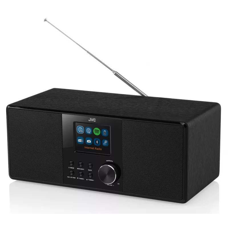 Rádio internet JVC RA-E981B — streaming Wi‑Fi e Bluetooth, DAB+, FM, 2x5W, 40 memórias de estações, USB, AUX, ecrã LCD