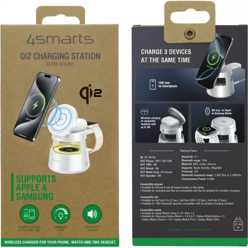 Carregador sem fios 4smarts Qi2 Aura Sound branco – carregamento sem fios rápido Qi2, altifalante integrado