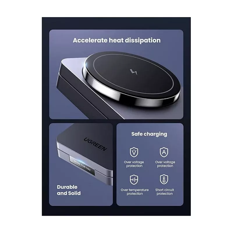 Carregador CA sem fios para interior UGREEN para auscultadores e smartphones W528, cinzento, proteção contra curto-circuito e subtensão