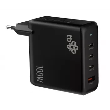 Carregador de parede 3x USB-C + USB-A Power Delivery Preto, GaN 100W