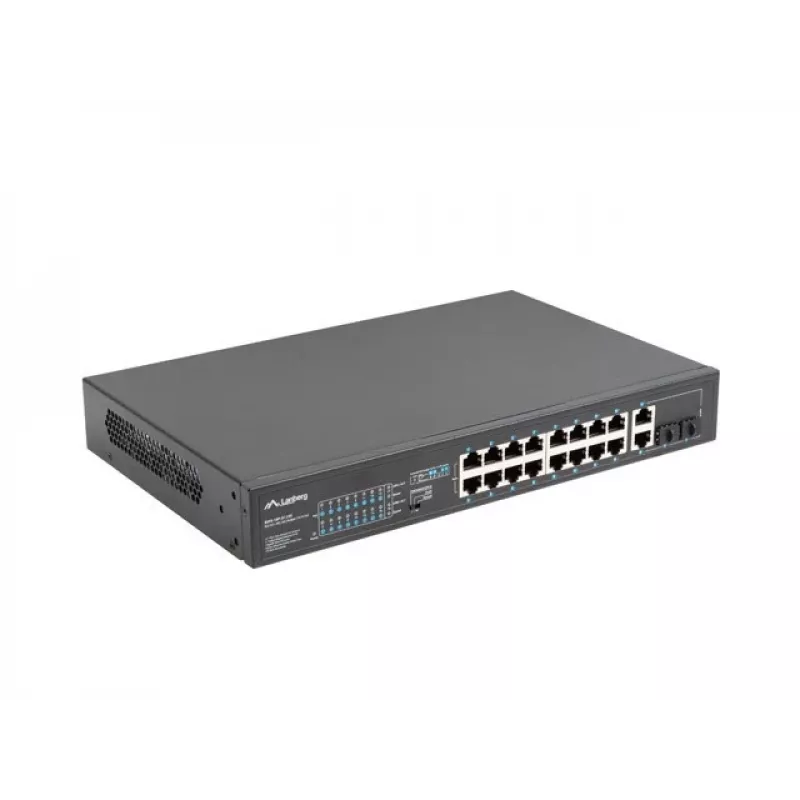 Lanberg RSFE-16P-2C-250 switch PoE+ não gerido, 16x 10/100 PoE+, 2x combo Gigabit, 250 W, rack 1U