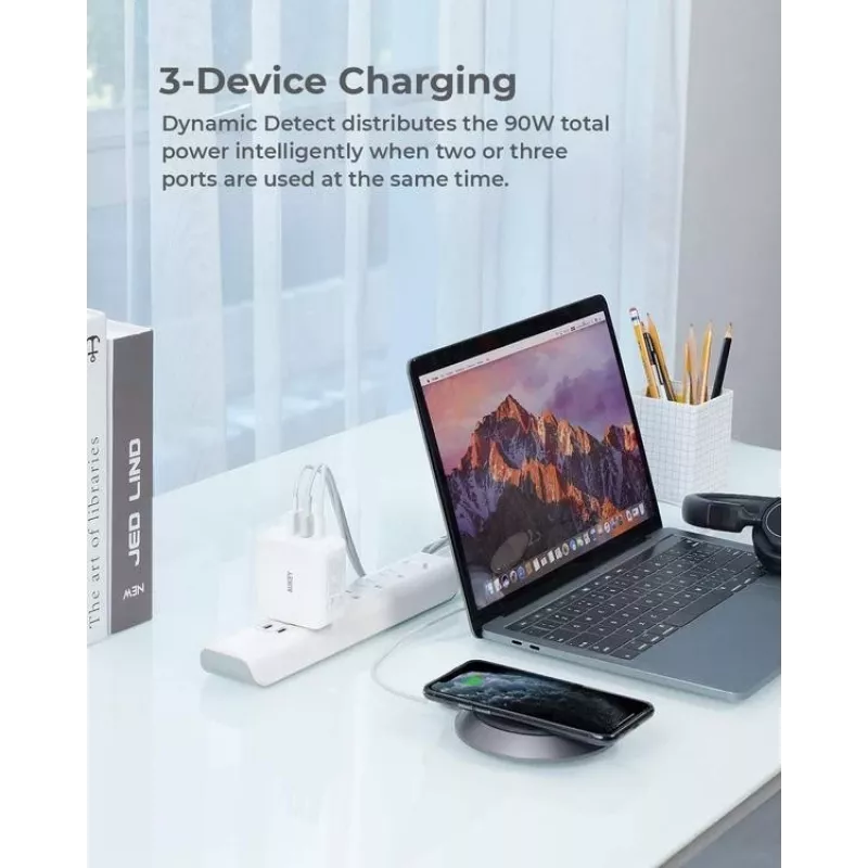 Carregador de parede ultrarrápido AUKEY PA-B6S branco Omni a Mix GaN