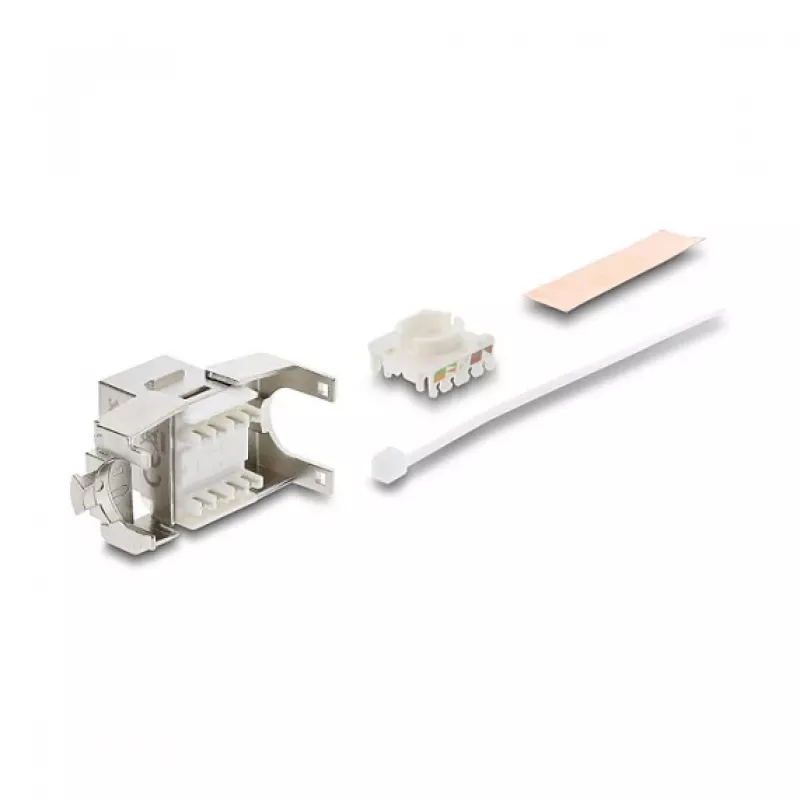 Módulo Keystone DELOCK RJ45 para LSA Cat.6A blindado sem ferramentas, plano, prateado/branco, com tampa de proteção contra pó
