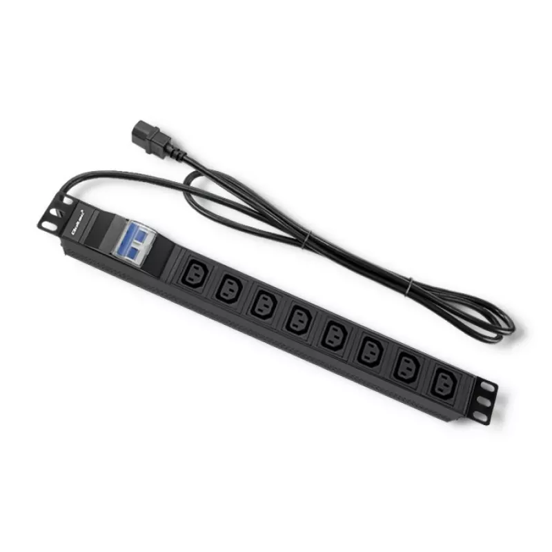 Qoltec 53999 Régua de tomadas PDU para rack de 19 polegadas, 1U, 8x IEC C13, 10 A, com disjuntor, 2 m