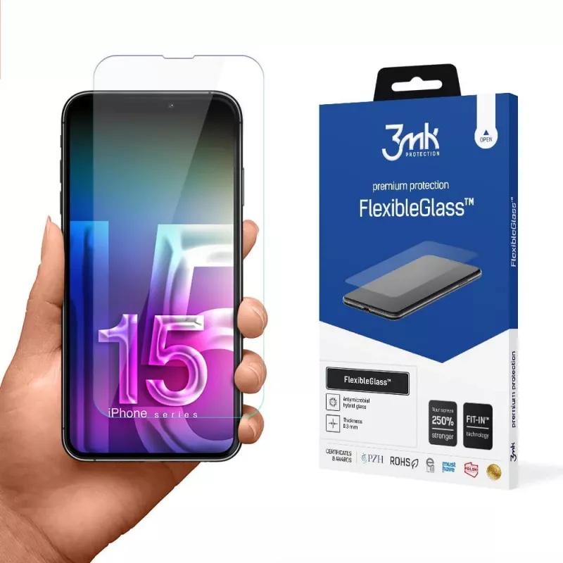 Película protetora de ecrã flexível temperada 3MK FlexibleGlass Pro para Apple iPhone 15 – transparente, resistente a riscos