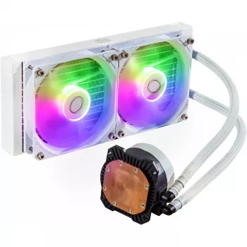 Kit de refrigeração líquida Cooler Master MasterLiquid 240L Core ARGB branco — radiador de 240 mm, ventoinha de 120 mm, compatível com LGA1700/AM5/AM4 e sockets mais antigos