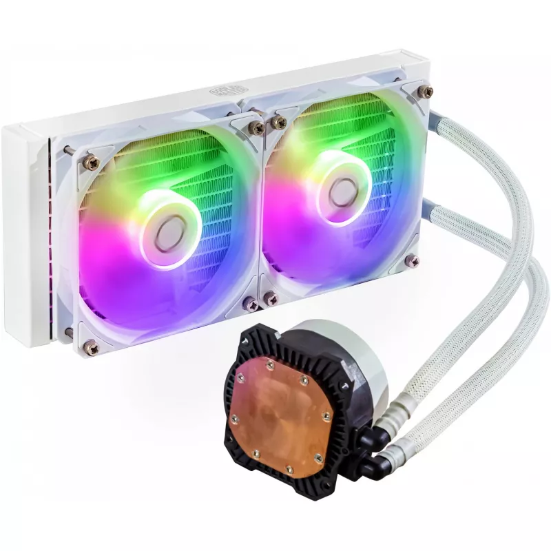 Kit de refrigeração líquida Cooler Master MasterLiquid 240L Core ARGB branco — radiador de 240 mm, ventoinha de 120 mm, compatível com LGA1700/AM5/AM4 e sockets mais antigos