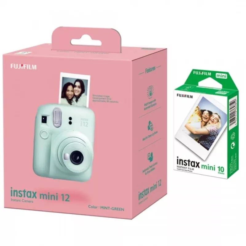Máquina fotográfica instantânea Fujifilm Instax Mini 12 verde-menta com pack de 10 folhas de filme instantâneo