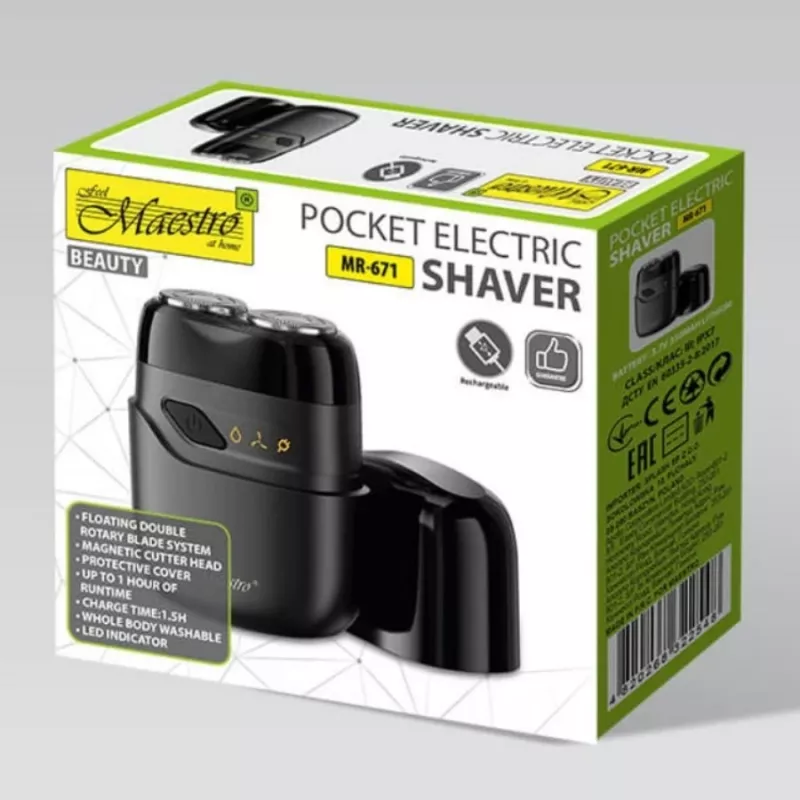 Máquina de barbear elétrica Maestro MR-671 USB design compacto de viagem