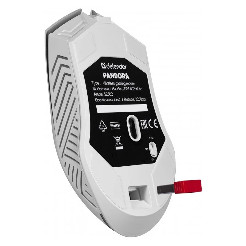 Rato gaming sem fios DEFENDER Pandora White – ambidestro, 3200 DPI, 6 botões, programável, ótico, USB