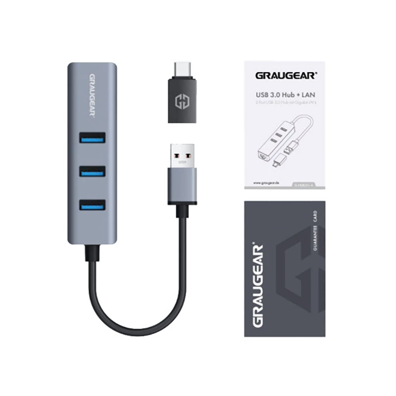 Hub USB GRAUGEAR G-HUB31L-A — host USB 3.2 Gen 1 Type-A, 3 portas USB 3.2 Gen 1 Type-A + RJ-45, 5000 Mbit/s