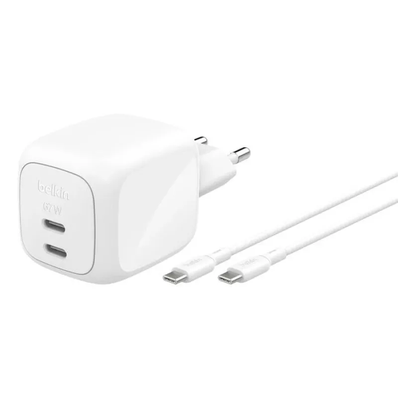 Carregador rápido AC de interior Belkin WCH020KQ2MWH-B6 – 2x USB-C, 2 m cabo integrado, branco