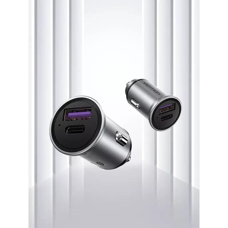 Carregador de automóvel Vention duas portas USB A+A (30+30) cinzento estilo mini liga de alumínio tipo