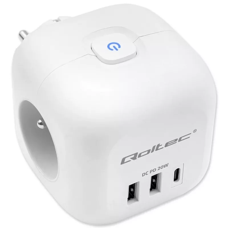 Régua de tomadas QOLTEC 52548 com 3 tomadas AC e porta USB