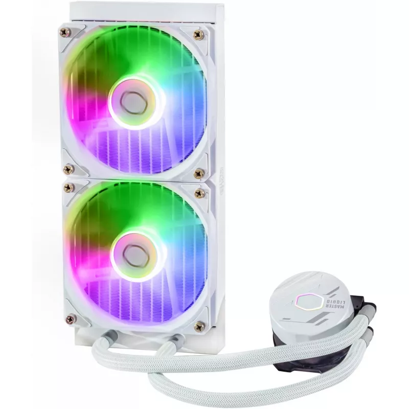 Kit de refrigeração líquida Cooler Master MasterLiquid 240L Core ARGB branco — radiador de 240 mm, ventoinha de 120 mm, compatível com LGA1700/AM5/AM4 e sockets mais antigos