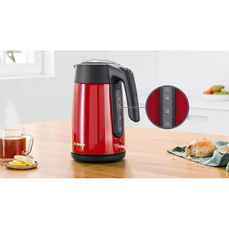Chaleira elétrica Bosch TWK7L464 – capacidade de 1,7 L, 2400 W, vermelha, caixa em plástico