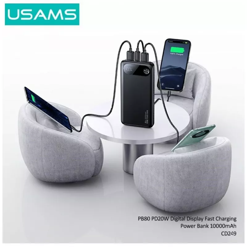 Powerbank portátil usams PB80 10000mAh 20W PD branco