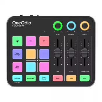 Misturador de áudio e placa de som USB OneOdio Solocaster – interface de secretária compacta para streaming e gravação