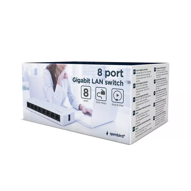 Switch não gerido GEMBIRD NSW-G8-01 – 8× Gigabit Ethernet (10/100/1000), branco, DC 5V
